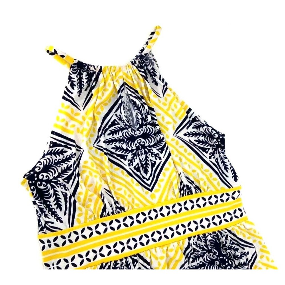 Coastal Mediterranean Halter Sheath Dress Blue Yellow Tile Print Preppy Resort 6 - Picture 4 of 11